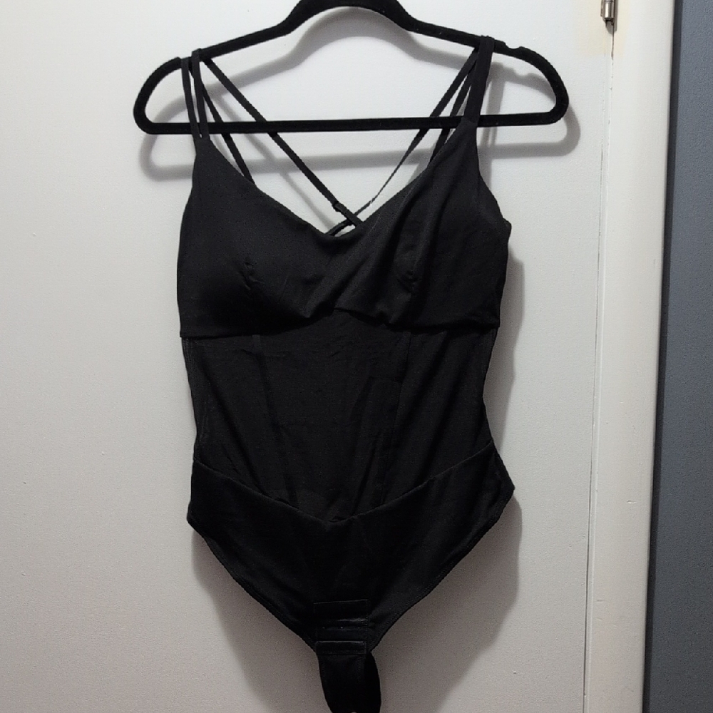 Popilush Black Strappy Bodysuit With Sheer Corset Waist